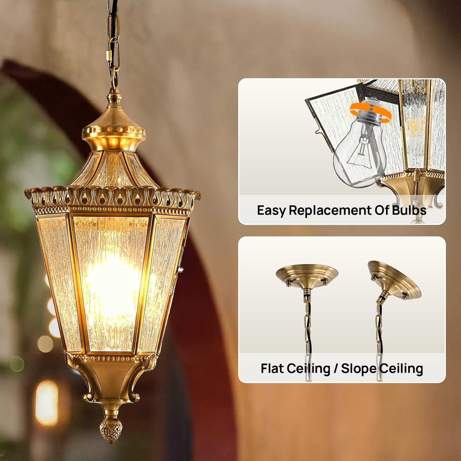 Milaii Copper Outdoor Pendant Light 19.3" H Brass Exterior Hanging Light Fixtures Waterproof Anti-Rust Porch Light Outside Pendant Lighting for Patio Kitchen Foyer Entryway