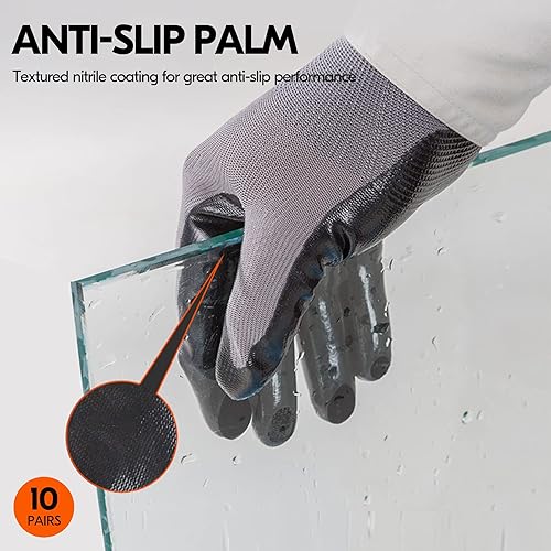 Miniatura 4 de VGO - 10 pares de guantes de trabajo de seguridad, guantes de jardinería, revestimiento de nitrilo antideslizante, guantes de inmersión (talla XL,