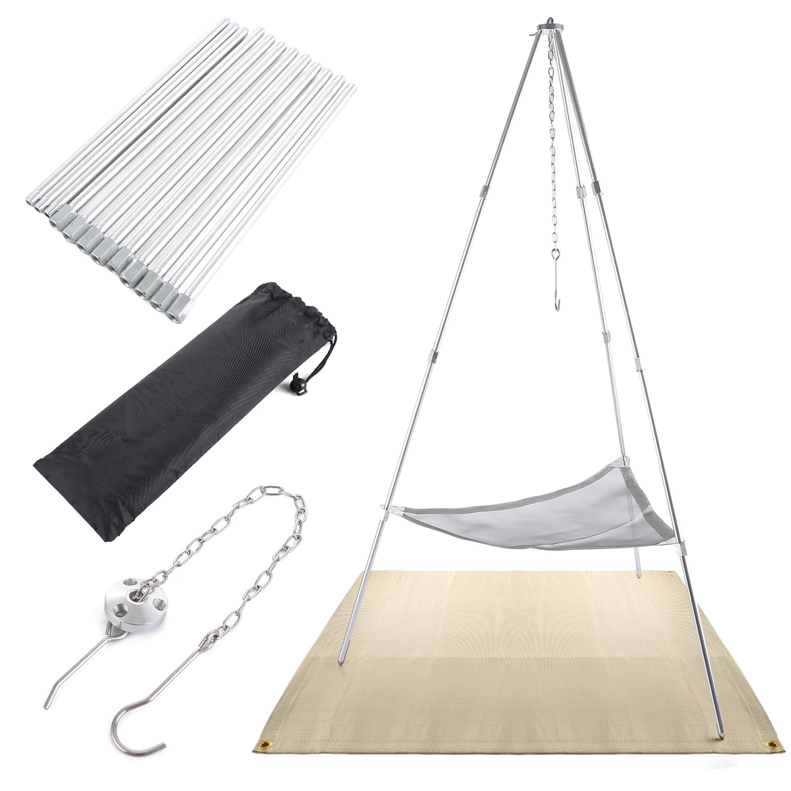 Oungy Camping Tripod with 90x100cm Fire Pit Mat, Adjustable Hanging Campfire Tripod Set, Portable Campfire Cooking Hanger for Outdoor Picnic BBQ