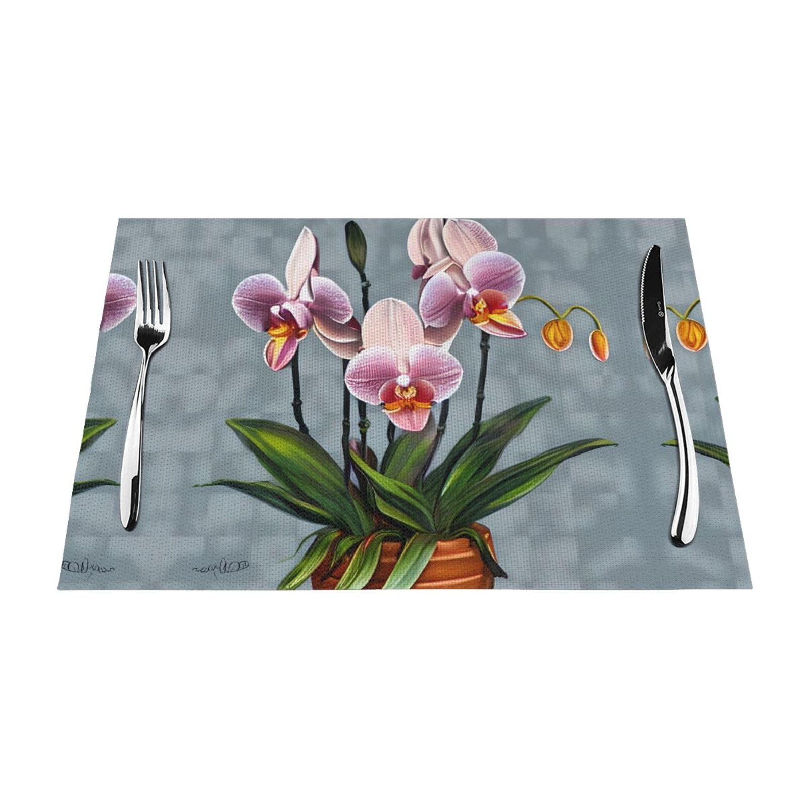 Sets de table tissés rectangulaires anti-tache, protection de table motif orchidée 30x45cm