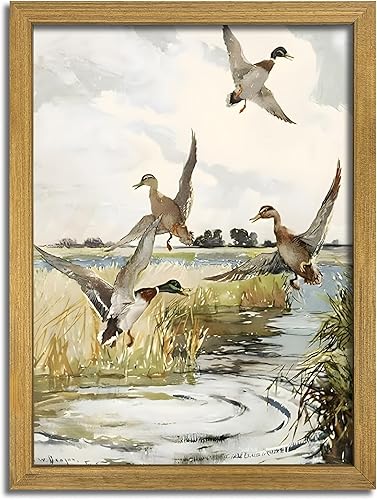 Póster de pared de pato vintage enmarcado, póster de acuarela rústica de álardo, decoración de pared, ilustración de aves de vida silvestre para