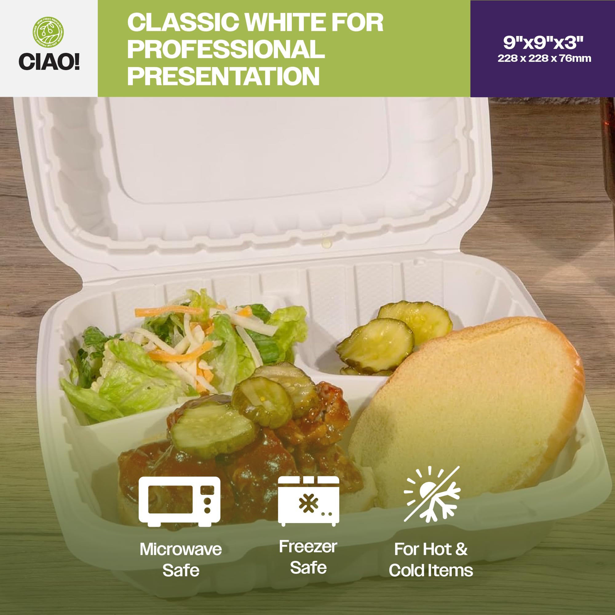 CIAO! Contenedor MFPP blanco con bisagras de 9 x 9 x 3 pulgadas con tapa, 3 compartimentos (caja de 150)