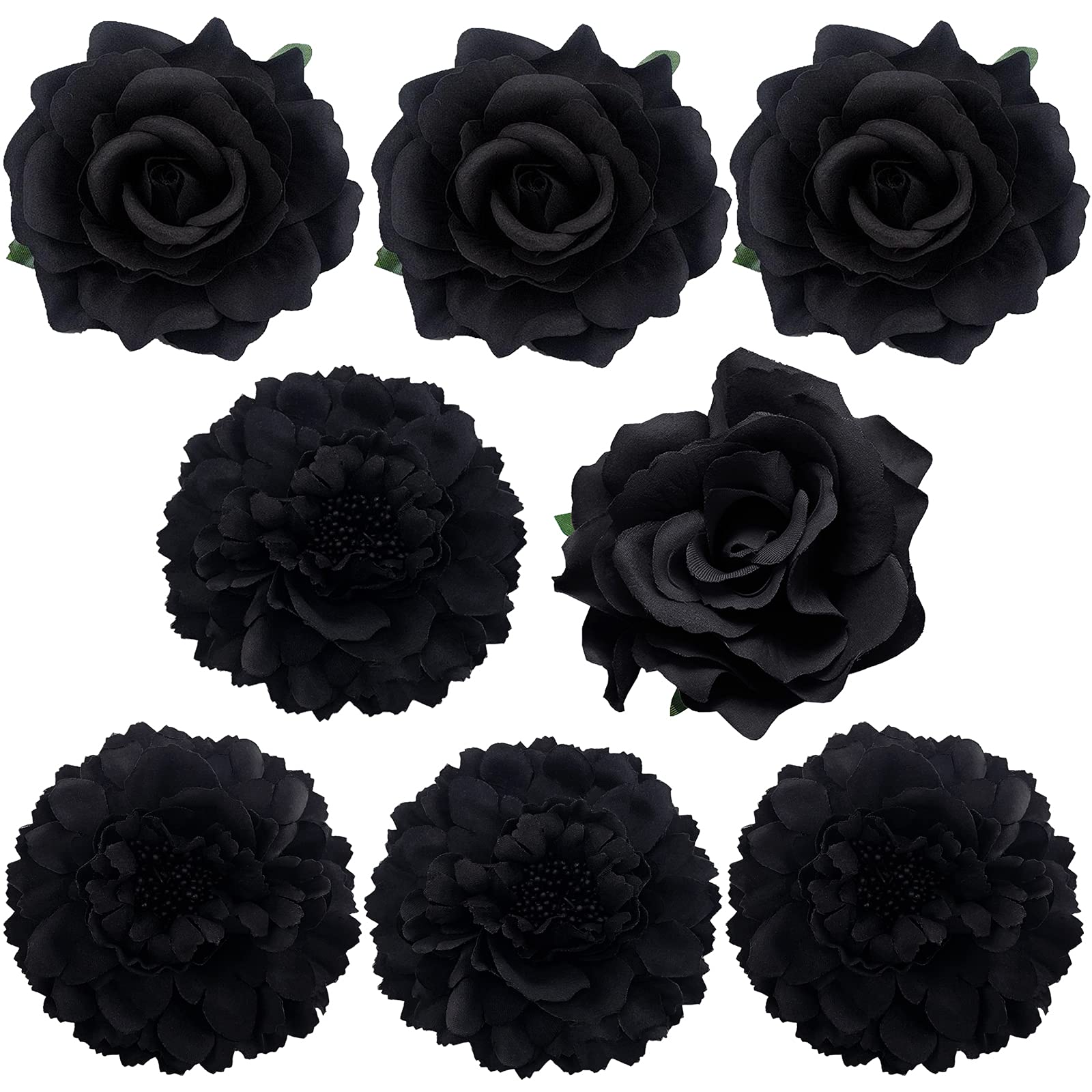 Large Floral Hair Accessory Set - Includes 4 Peony and 4 Rose Barrette Hair Clips for Flamenco Dance, Beach Party, Wedding (Black)