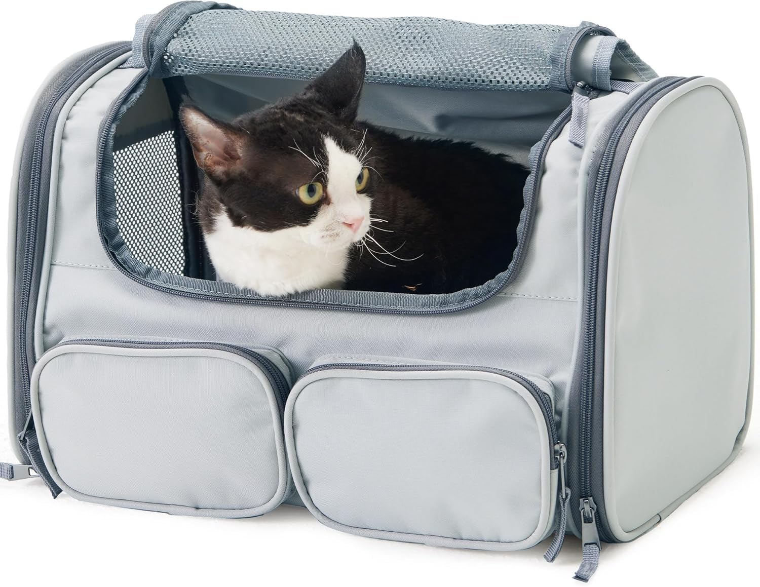 FUKUMARU Cat Carrier, Soft-Sided Small Dog Carrier, Large Cat Travel Bag with Mesh Window, Under 5.4 Kg Airline Approved Pet Carrier with 4 Storage Pockets, Grey Small