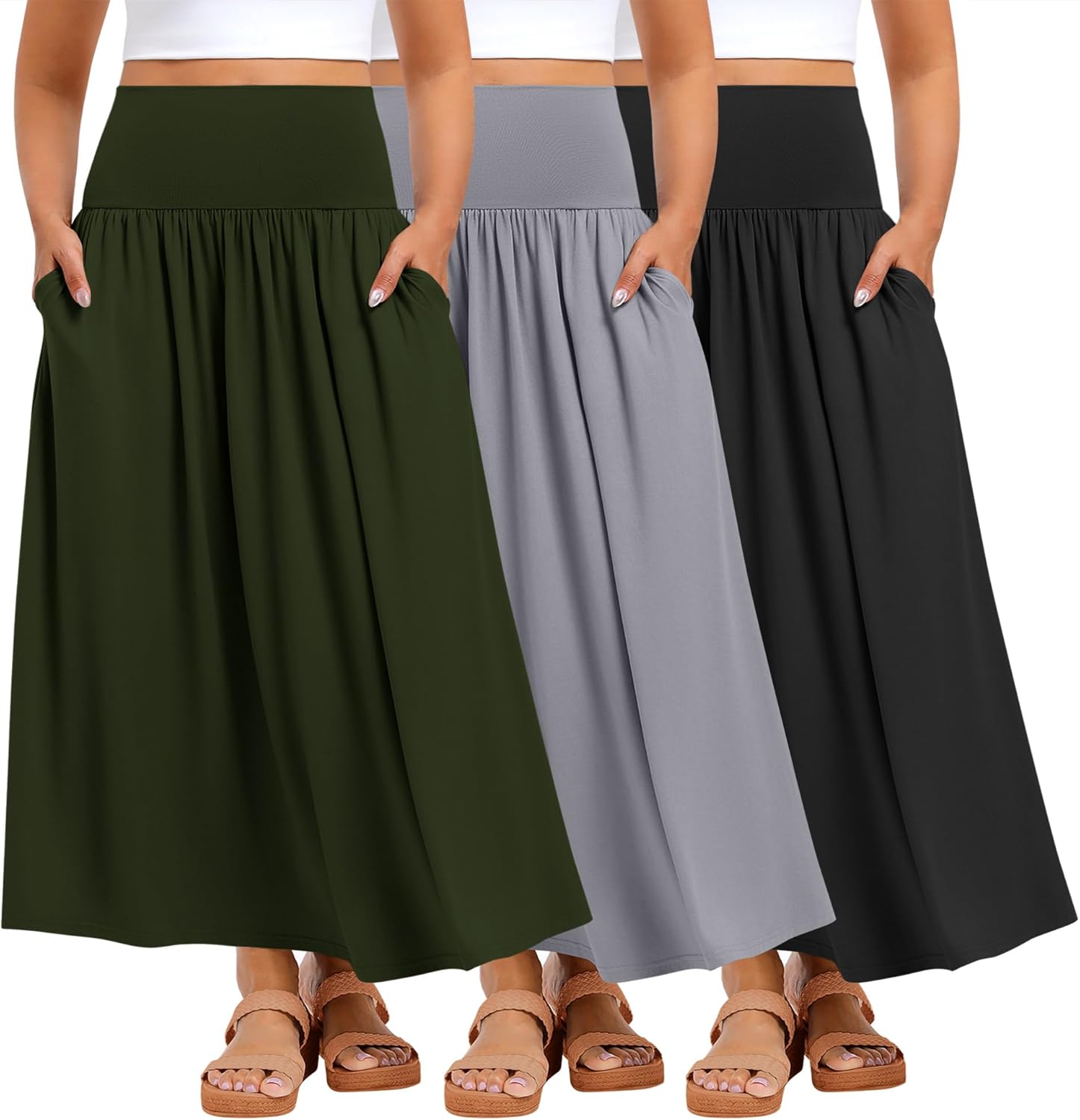 Plus size maxi skirt with pockets, ankle length, high-waisted