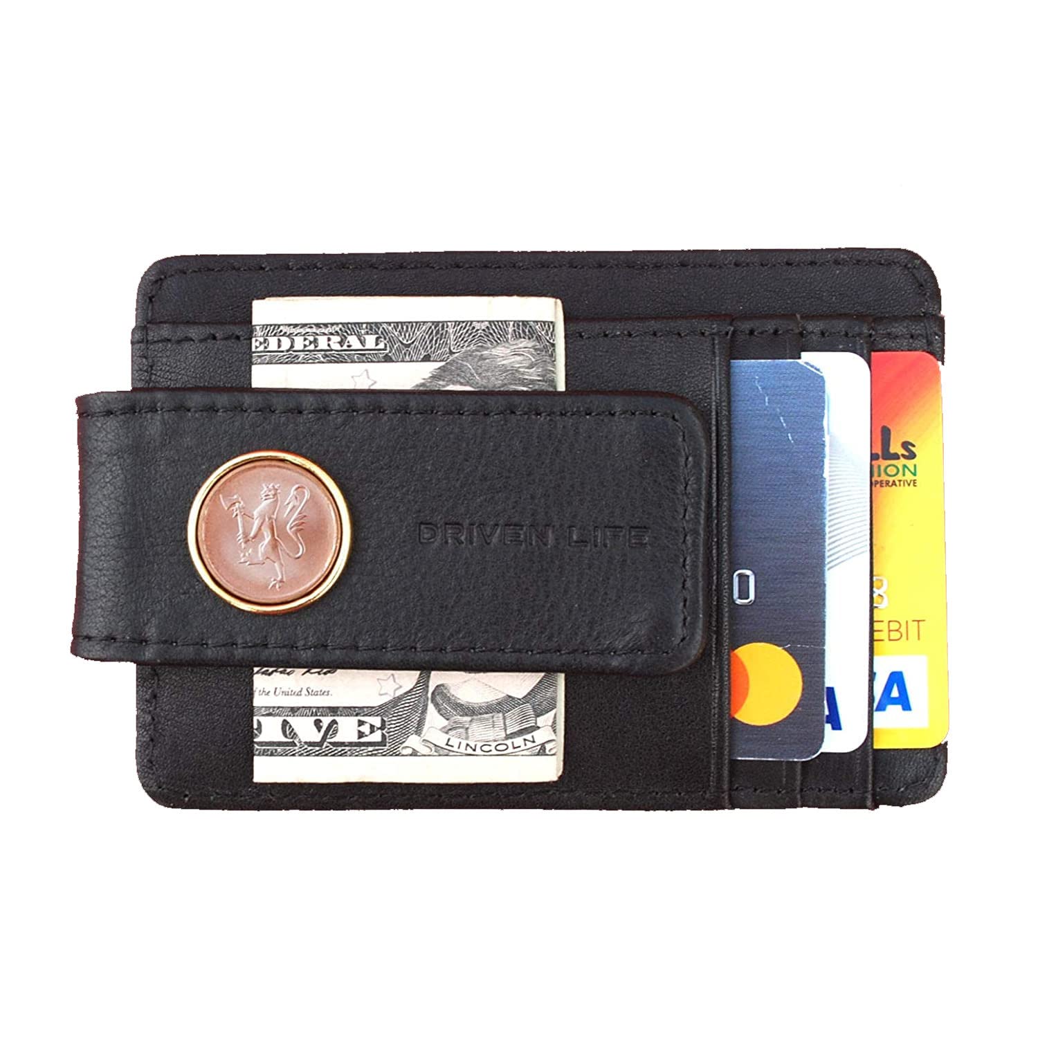 1980 Norway 5 Ore BU Uncirculated Coin Full-Grain Black Leather Magnetic Money Clip Wallet & Card Holder RFID Blocking - National Arms