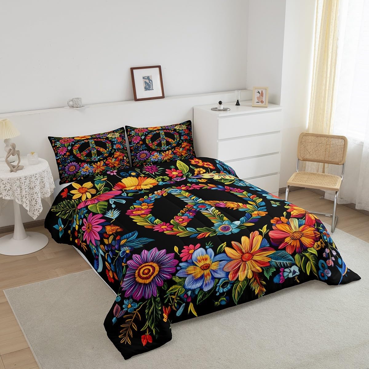 Erosebridal Hippie Peace Symbol Comforter Set Twin,Colorful Groovy Flowers Bedding Set,Bohemian Bedding Comforter Sets,Wild Botanical Floral Leaves Duvet Insert Bedroom Decor
