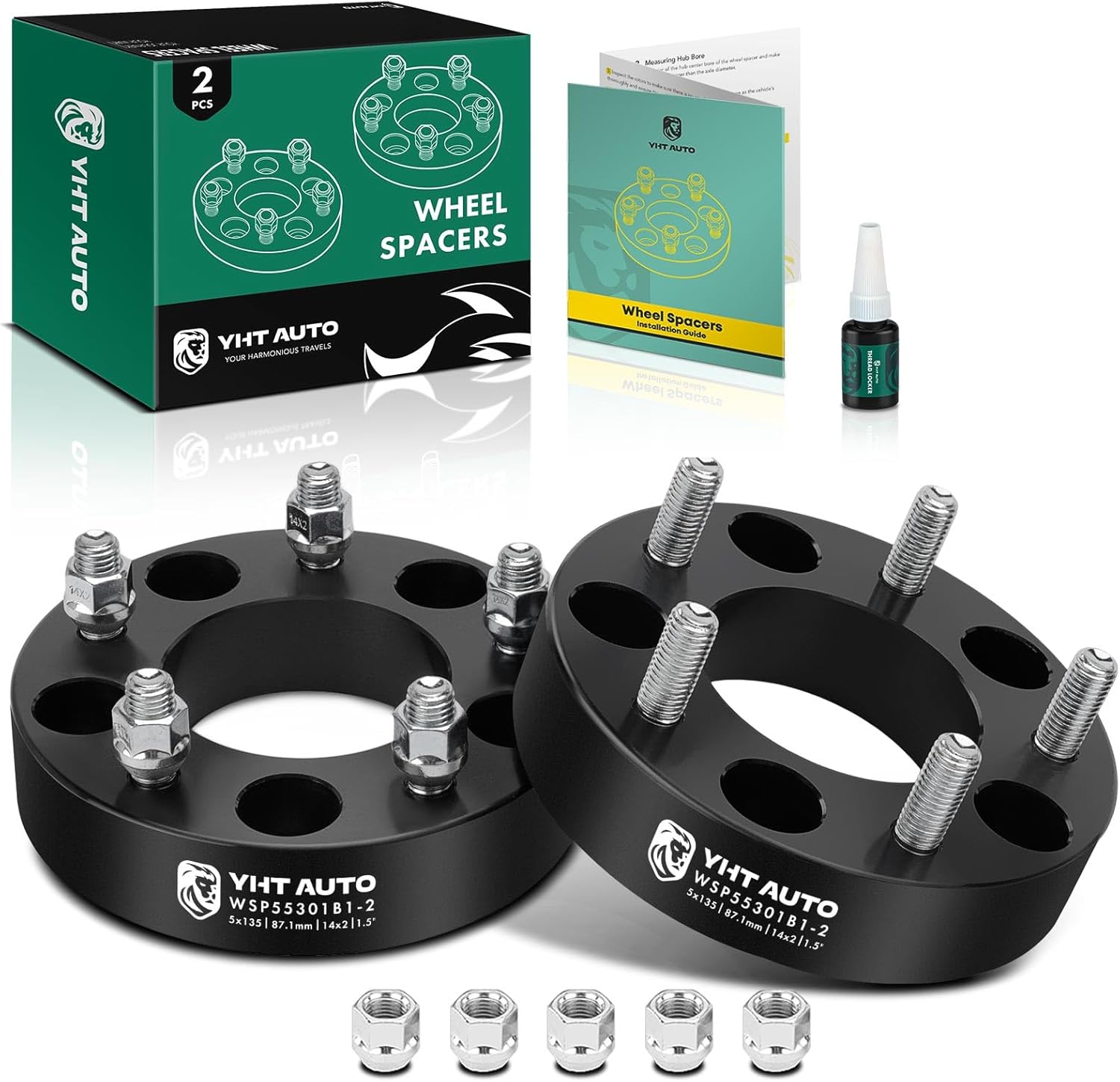 YHTAUTO 5x135mm Wheel Spacers 1.5 Inch Compatible with Ford, Lincoln Models, Expedition, F-150, Blackwood, Navigator, 5 Lug Tire Spacers w/ M14x2 & 12.9 Grade Studs, 87.1mm Center Bore 2PCS Black