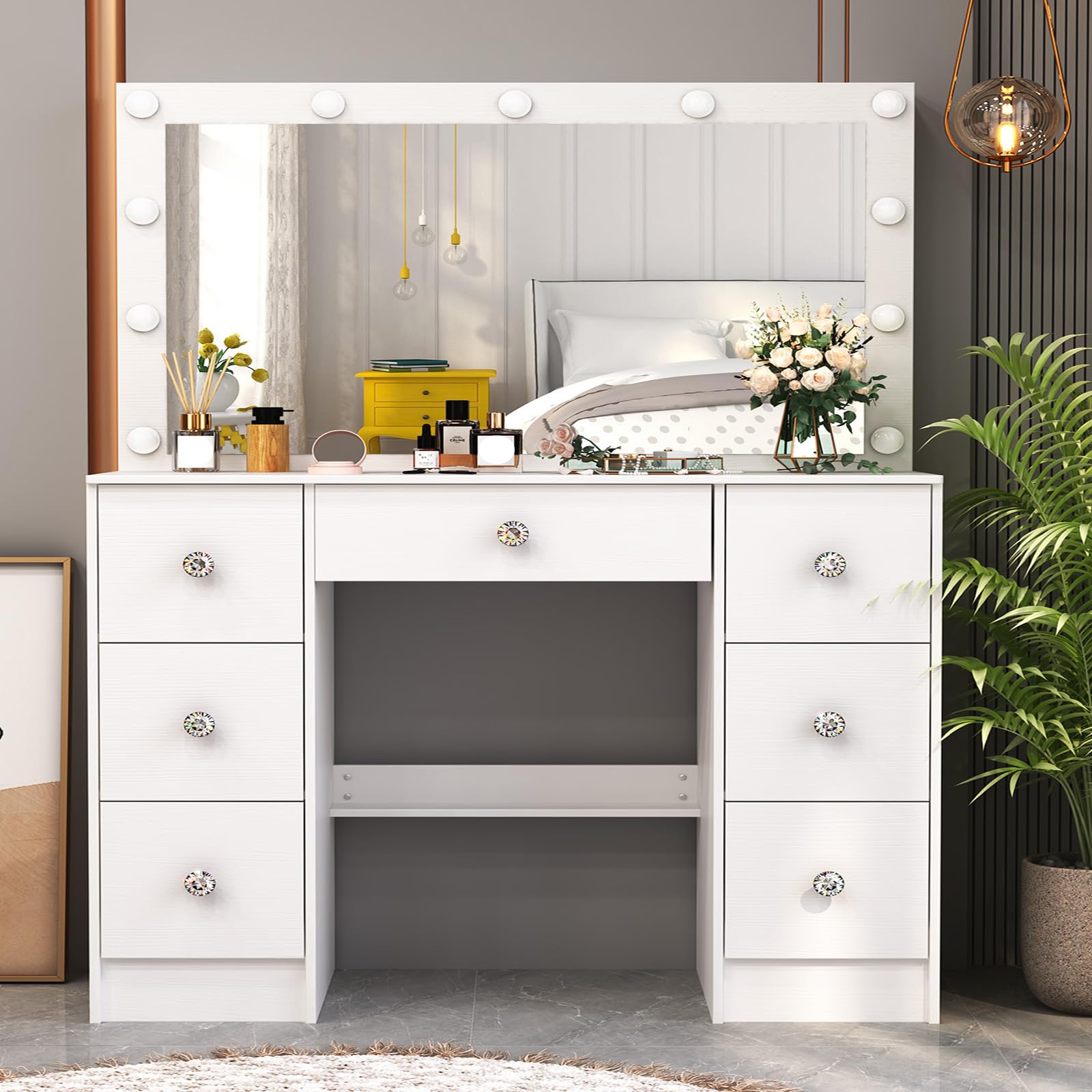 Caulitar Vanity with Lights and Large Mirror, 7 Drawers 3 Modes Light Adjustable Vanity Large, White Big Makeup Desk for Bedroom, 55.1