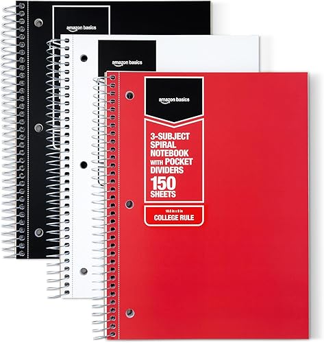 Tienda Basics Cuaderno de espiral con rayas universitarias, 3 materias con divisor de bolsillo, 150 hojas, 7-12 x 10-12 pulgadas, paquete de 3,