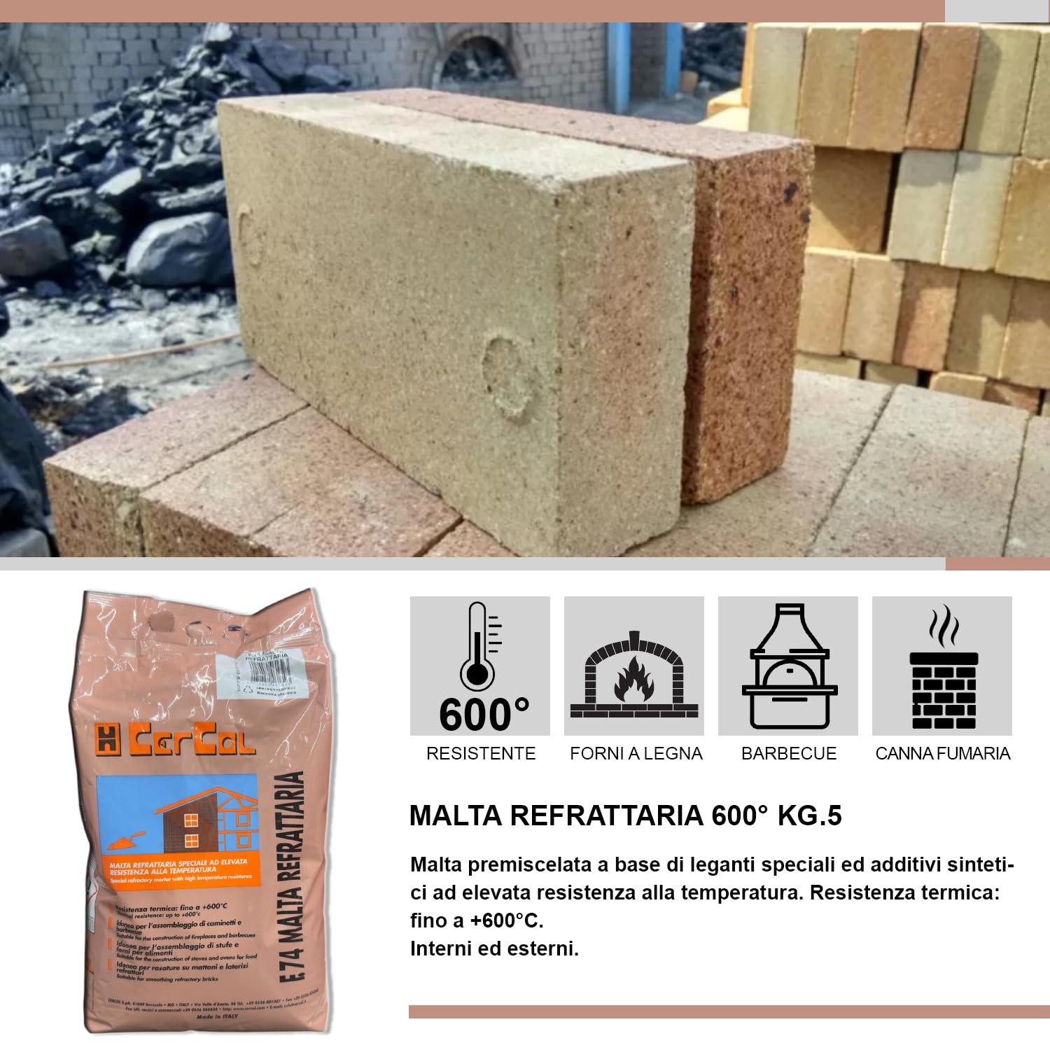 MASTERBRICO Cemento Refrattario Alta Temperatura 5 kg Grigio – Malta Resistente Fino a 600°C per Forni a Legna, Barbecue, Caminetti, Stufe – Pronto all’Uso per Lavori in Muratura
