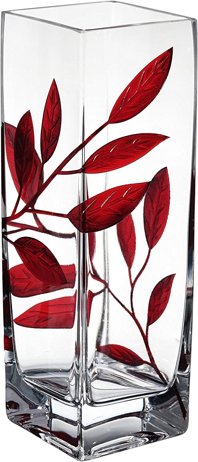 Luxury Hand Blown Glass Vase with Ruby Leaves - Etched & Painted Ruby Leaves - Square Vase Red - 9.8 in (25 cm)