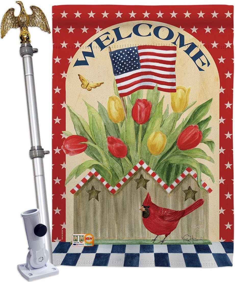 Patriotic Flowers House Flag Dowel Set Americana Star and Stripes Patriotism Independence Memorial United State American Small Decorative Gift Yard Banner Made In USA 28 X 40