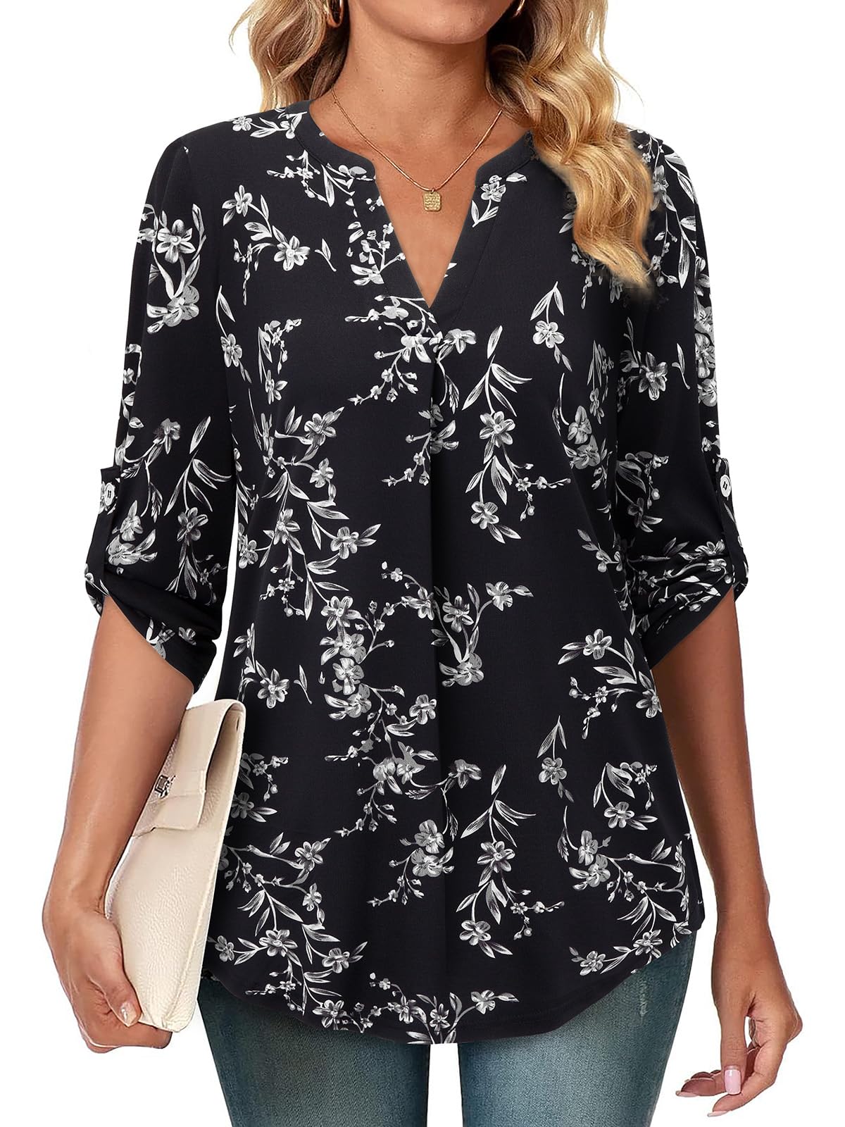 Siddhe Damen V-Ausschnitt Bluse 3/4 Ärmel Oberteile Tunika Tops Locker Longshirt Lässige T-Shirt Langarm Hemd