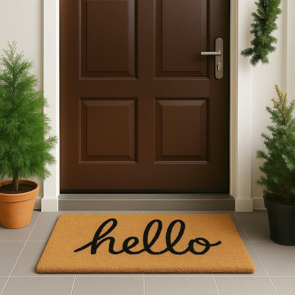 luxurux hello door mat outdoor coco coir doormat, with heavy-duty pvc backing - natural - perfect color/sizing for outdoor/indoor uses. (17 x 30, script hello) 17'' x 30'' walnut
