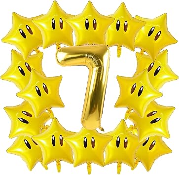 16PCS Foil Star Balloons, Star and 40Inch Number 7 Foil Balloons For Game Theme 7th Birthday Party Decorations Children Party Supply Party Decor 7th