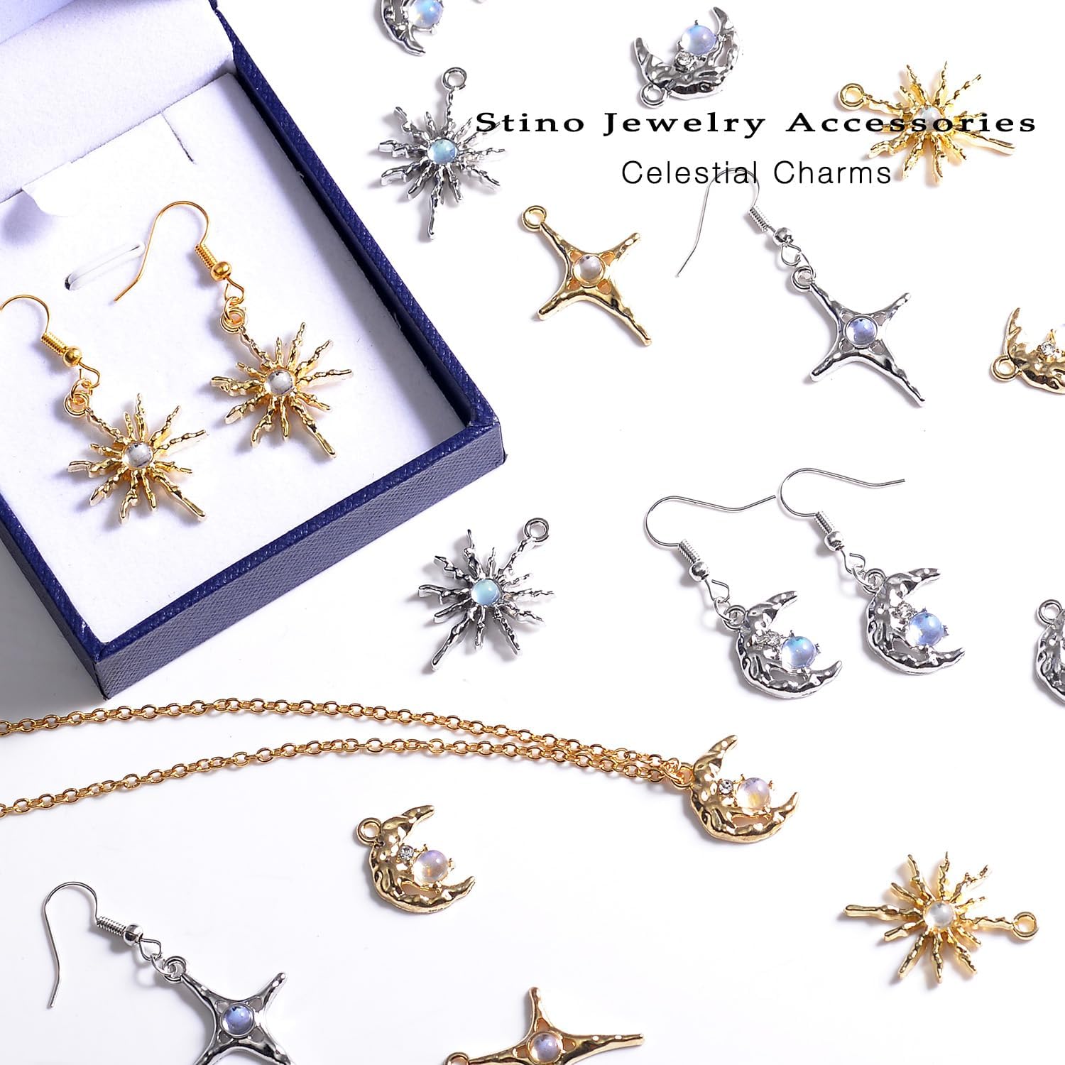 stino 56/60 Pieces Jewelry Celestial Charms Set, Silver & Gold Plated Moon Star Sun Pendants, DIY Jewelry Making Accessories - Image 3