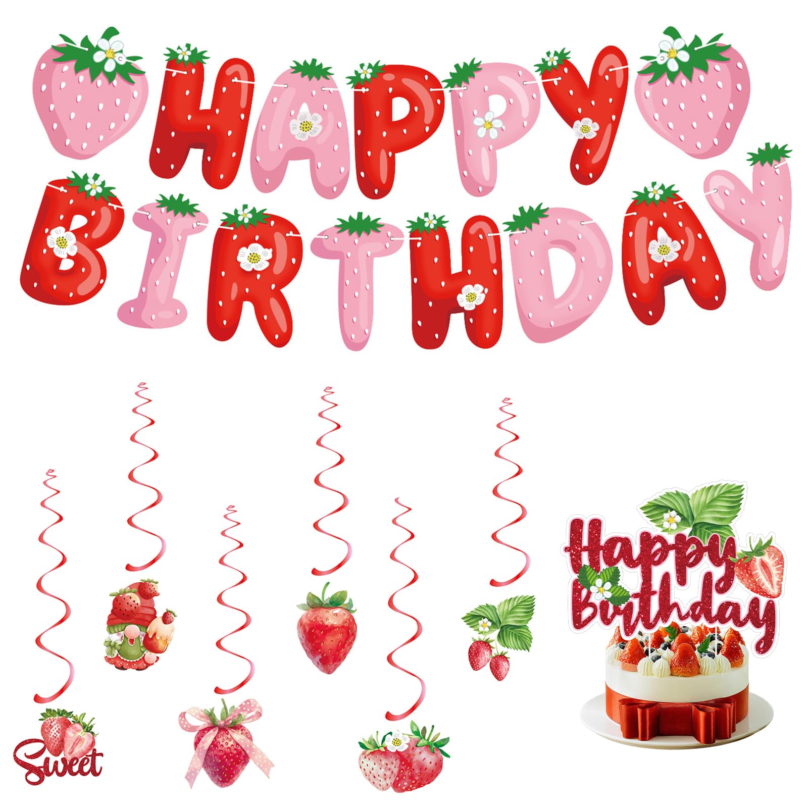 22 Pcs Strawberry Happy Birthday Banner Set with Hanging Swirls Cake Topper