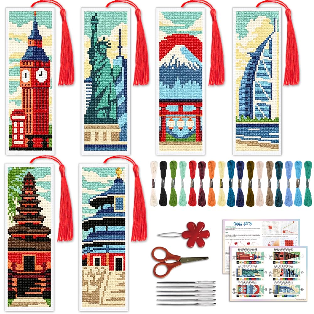 ACRNIGHEET 6PCS Cross Stitch Bookmark Kit for Beginner(City Attractions)