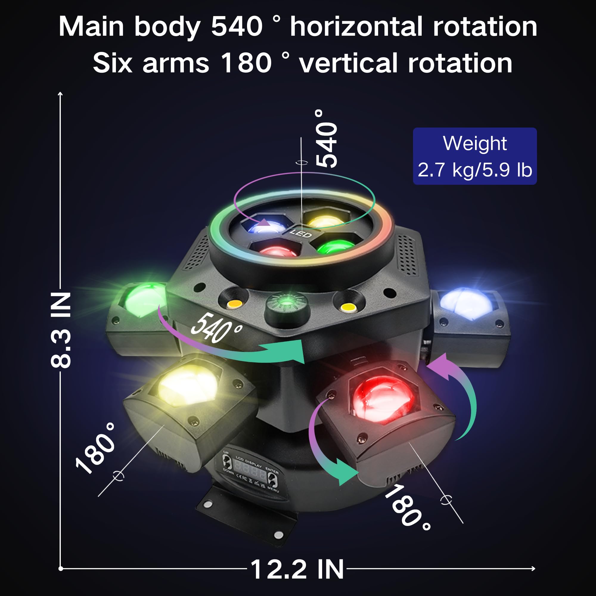 Luci DJ a testa mobile da 150 W, luce LED RGBW 4 in 1 con fascio a 6 bracci, effetto occhi d'api, stelle rosse e verdi, stroboscopiche bianche e ambrate, banda magica 23 RGB per feste, discoteca, KTV