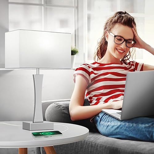 Miniatura 5 de Lámparas de noche para mesitas de noche, lámpara de mesa regulable de 3 vías para dormitorio con puertos USB C+A, juego de 2 lámparas de noche