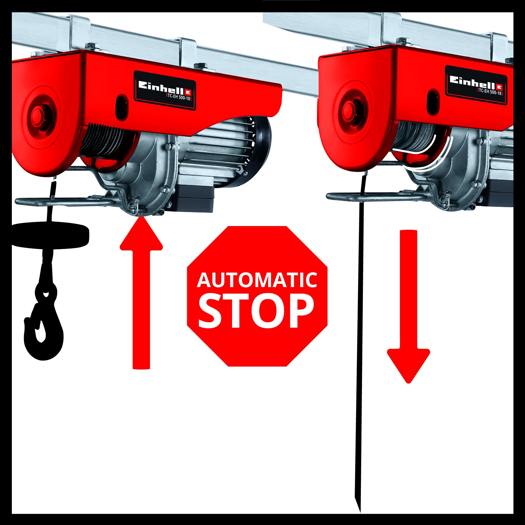 Einhell Seilhebezug TC-EH 500-18 (1.000 W, Bedienungsschalter mit Not-Aus, Motor mit Thermoschalter, automatischer Bremse und Endabschaltung, inkl. 18 m drallfreiem Drahtseil, Umlenkrolle)