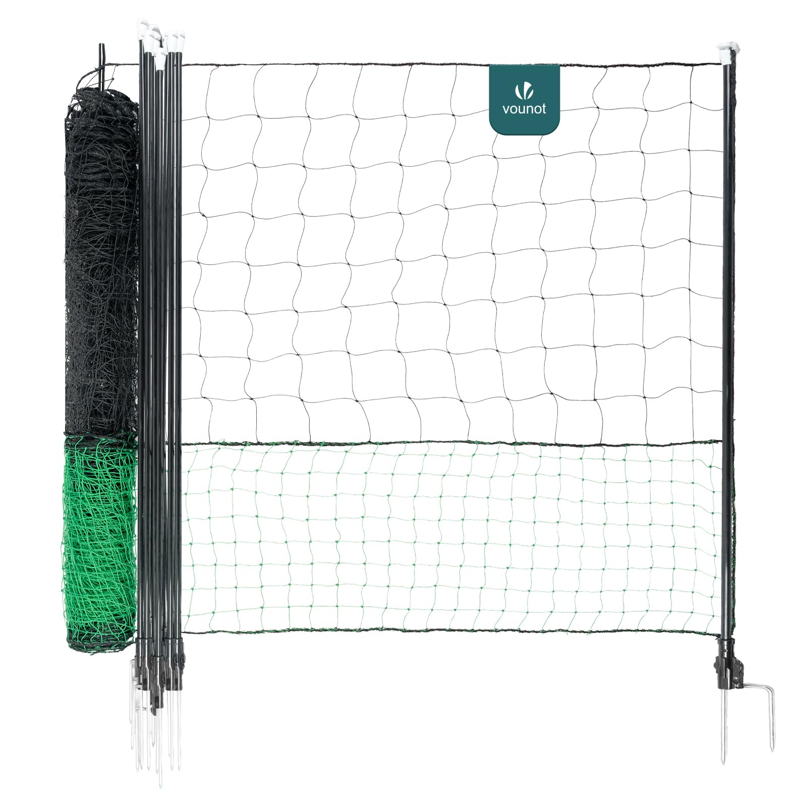 VOUNOT® Kit de Valla de Red para Gallinas 30M con Puerta Malla Gallineros PE Resistente Rollo Cercado Valla Pollo Cerca Red de Protección para Aves de Corral con Estacas Doble Punta para Pollos Jardín