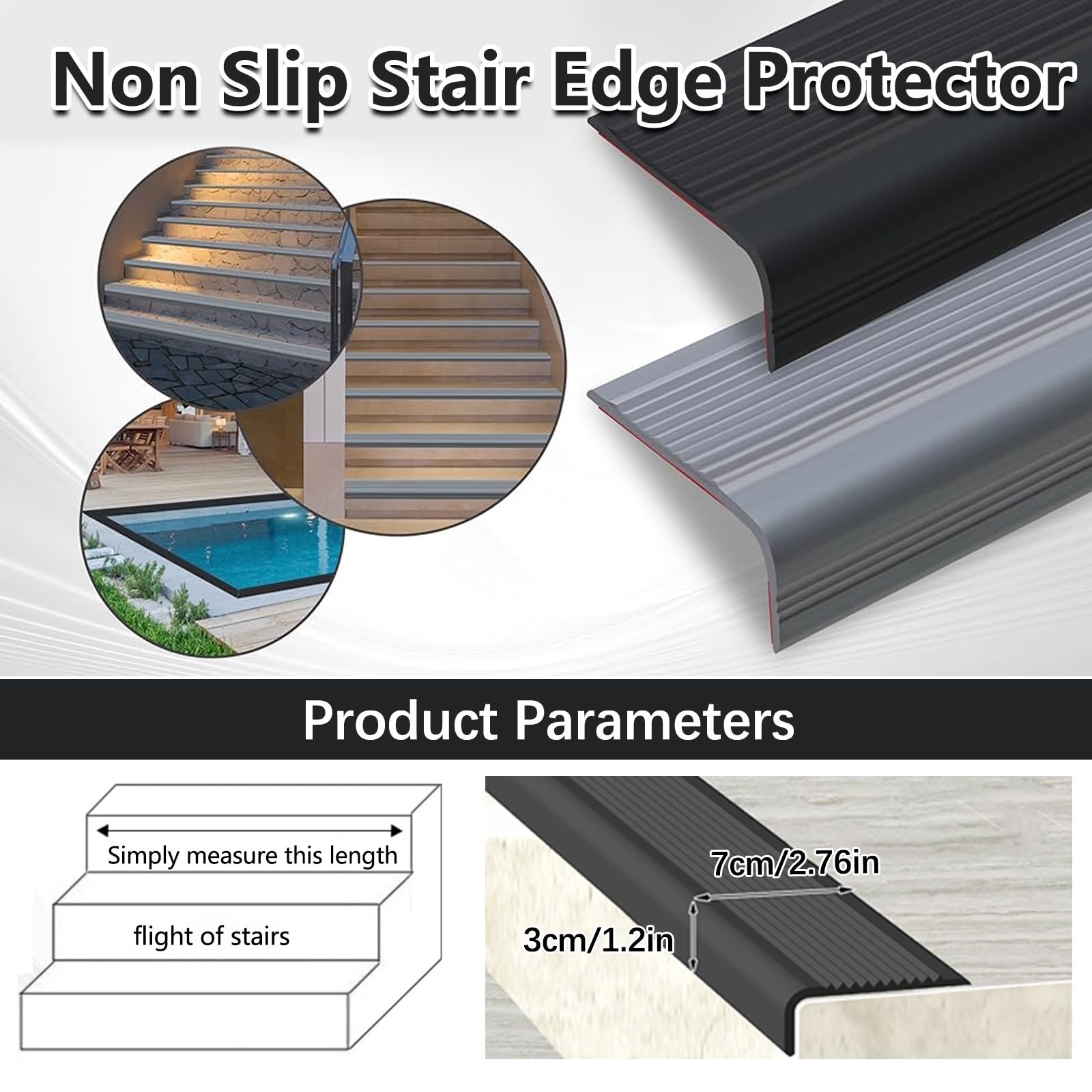 Tira De Vinilo Autoadhesiva Antideslizante Para Escalera, Borde De Escalera De Goma De PVC, Esquina De Goma Antideslizante For Escalera, Para Peldaños De Interior Y Exterior, Cantonera Protector(Grey,