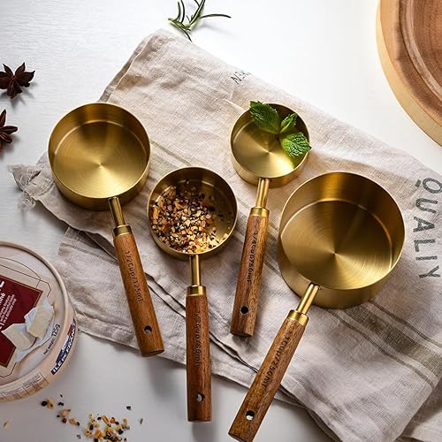 Miniatura 2 de JASHII Juego de 8 tazas y cucharas medidoras doradas con mango de madera de acacia, herramientas de cocina de acero inoxidable para cocinar hornear