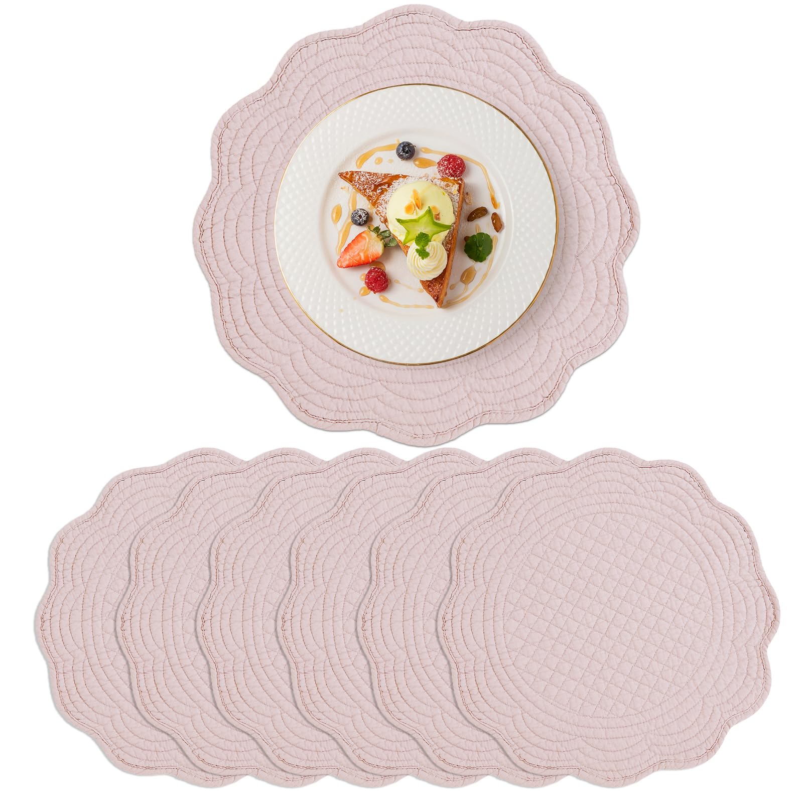 BALAPET Set di 6 tovagliette trapuntate, 100% cotone, 35,6 cm, stile fattoria, reversibile, rotondo, con bordi smerlati, per cucina, cene, feste, vacanze
