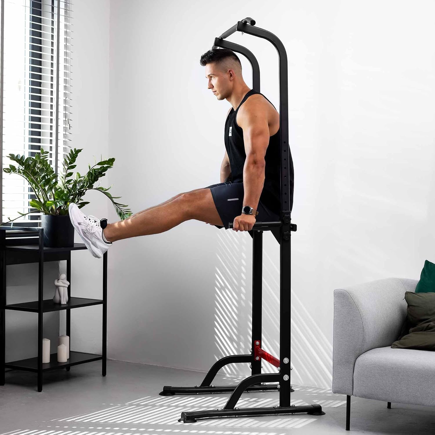 Hop-Sport Power Tower Klimmzugstange & Dip-Station, Höhenverstellbar, Freistehend, Fitnessgeräte für Zuhause, Home Gym, Calisthenics Equipment, Rückentrainer, Max. Belastbarkeit 150 kg