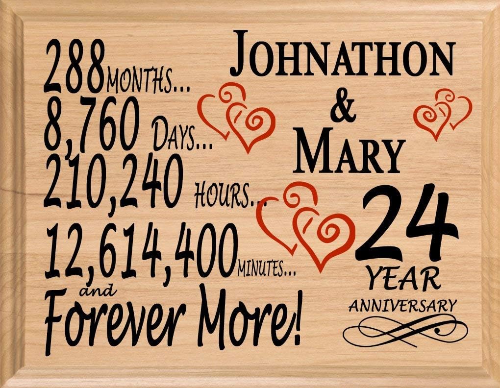 24th Anniversary Sign Gift Personalized 24 Year Wedding Anniversary Present for Wife Husband Couple - Solid Wood - Made in the USA