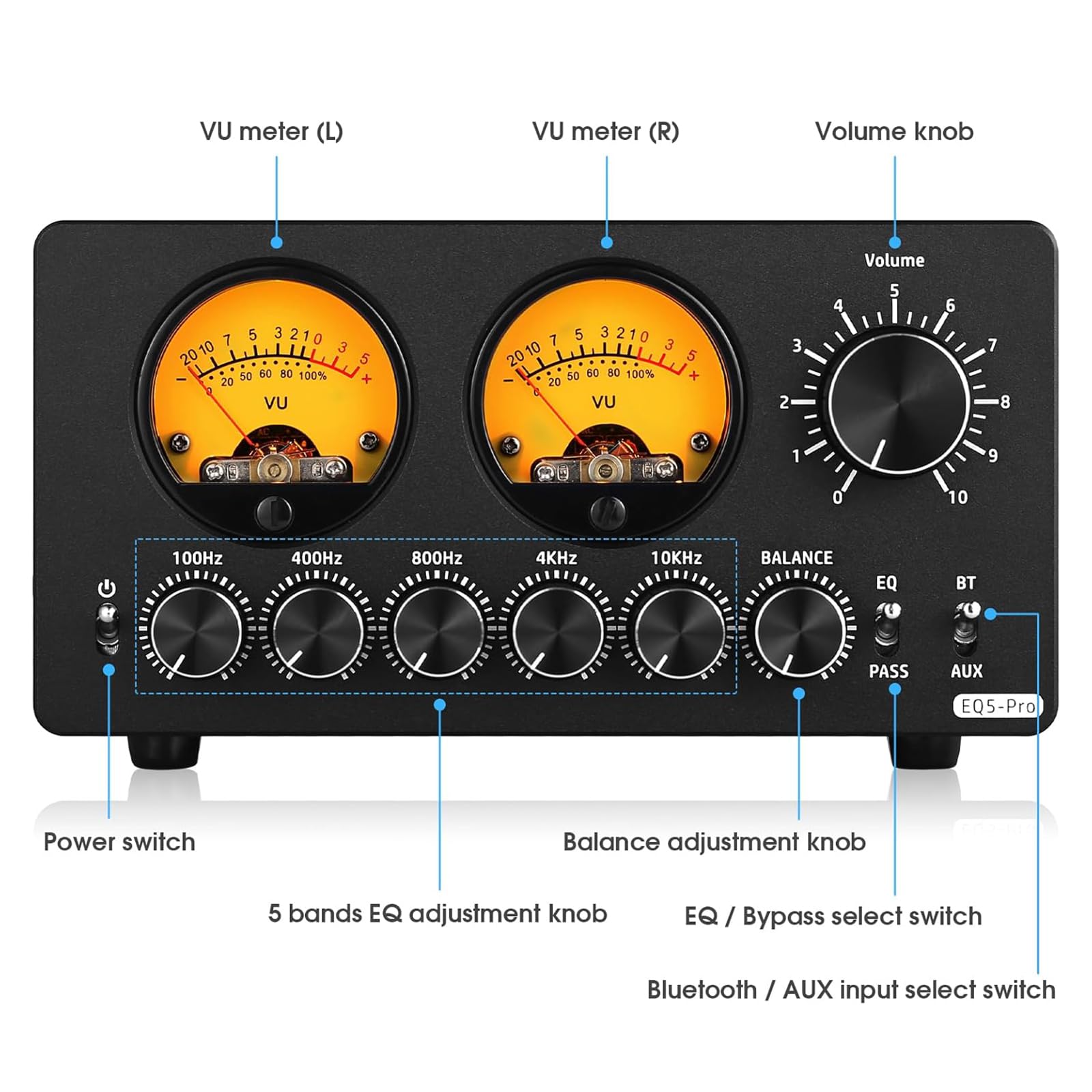 Preamplificatore Audio, Equalizzatore EQ a 5 Bande, con Misuratore VU, Manopola di Controllo del Volume, Audio Decorato Dinamicamente, per Stereo Domestico/Altoparlante per Computer