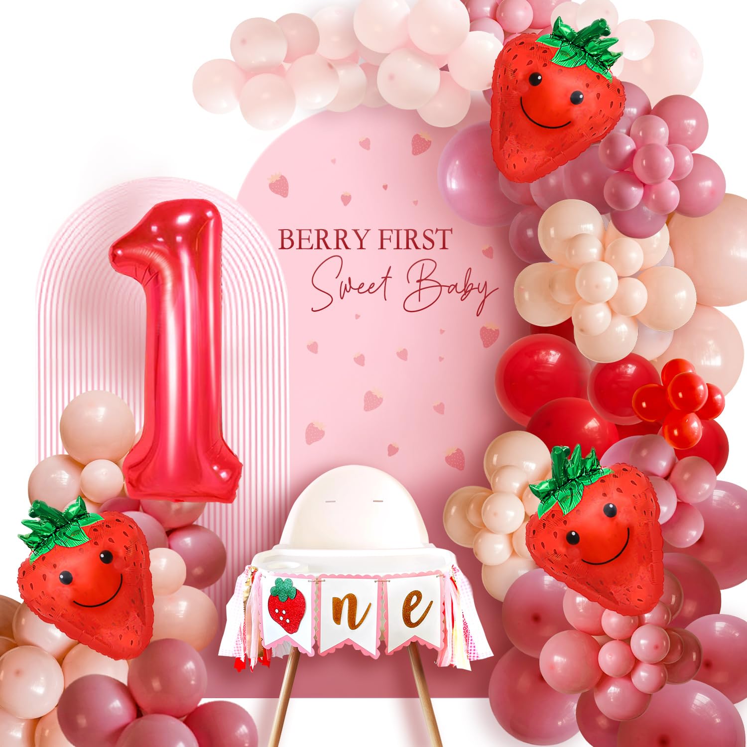 168 pcs Strawberry First Birthday Decorations - Strawberry Balloon Arch Kit and Strawberry High Chair Banner for Sweet One Berry First Birthday Party