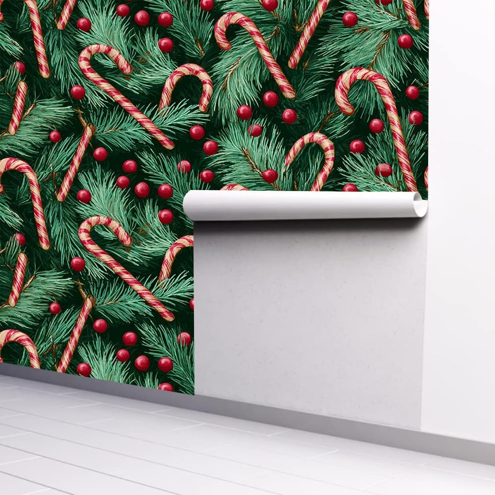 Wallpaper 39x16 Inch Christmas Candy Cane Wall Decals with Pine Branches Red Berries Evergreen Holiday Pattern Festive Decorative Seasonal Wall Art for Kitchen Living Room Bedroom