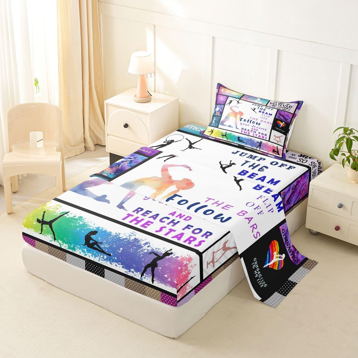 Erosebridal Gymnastics Sheet Set Gifts for Gymnast Lovers, Gymnast Dancers Fitted Sheet Twin Size Watercolor Tie Dye Bed Sheets, Geometric Checkered Plaid Flat Sheet 3 Pieces with 1 Pillow Case
