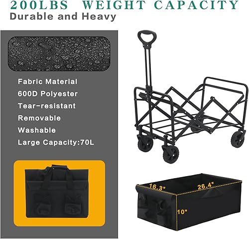 Miniatura 4 de Carro plegable plegable, carrito de playa, resistente con ruedas universales y mango ajustable, con peso de 200 libras, para campamento, compras,