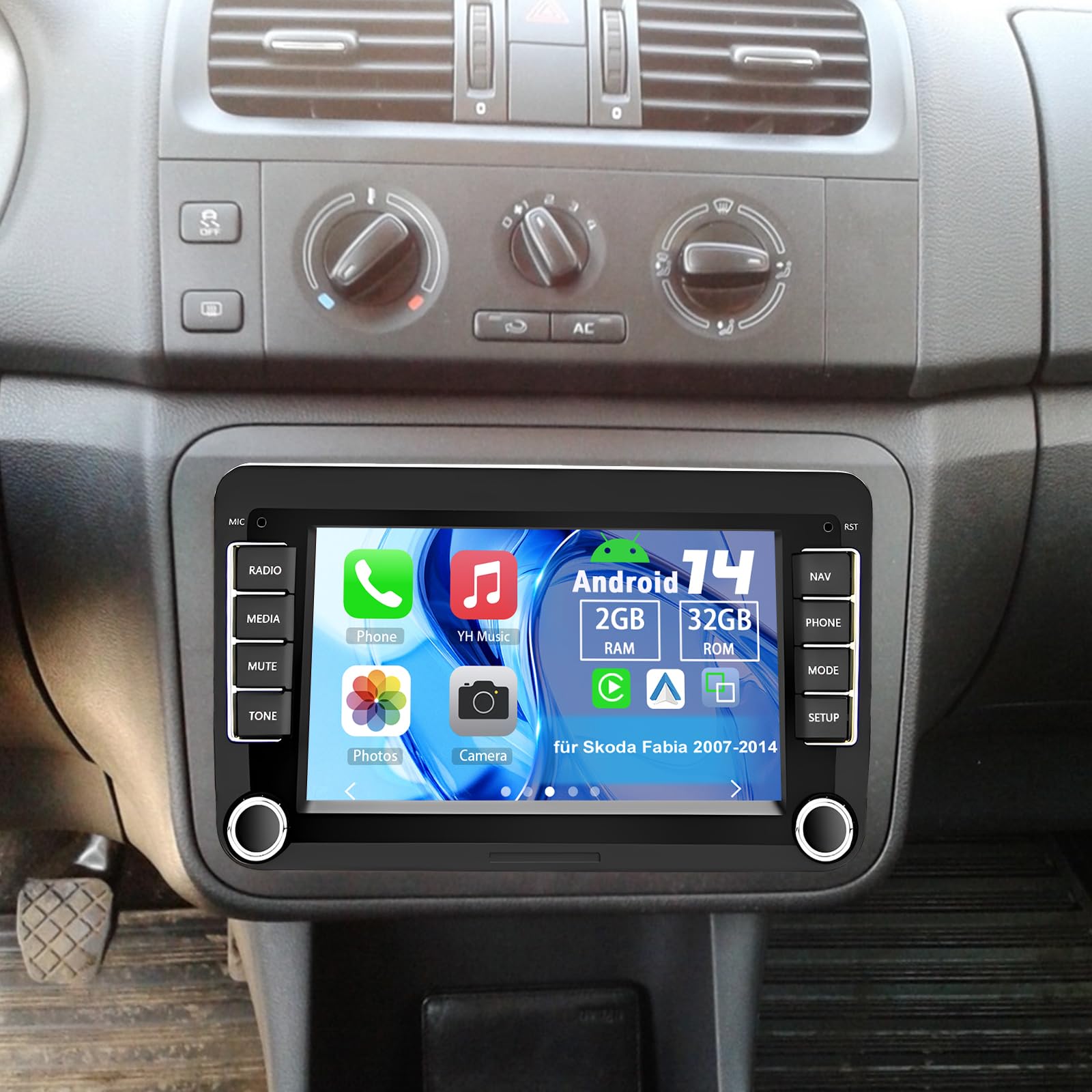 Android 14 Autoradio 2 Din mit Carplay Android Auto für Skoda Fabia 2007-2014, 2G+32G 7 Zoll Auto Radio Stereo mit Bluetooth Navi WiFi FM RDS Rückfahrkamera