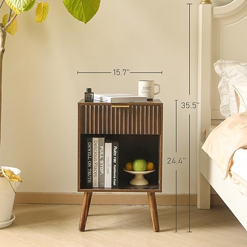 Miniatura 3 de Mesita de noche moderna de mediados de siglo, mesita de noche de madera con cajón y almacenamiento de apertura, mesa auxiliar para sala de estar,