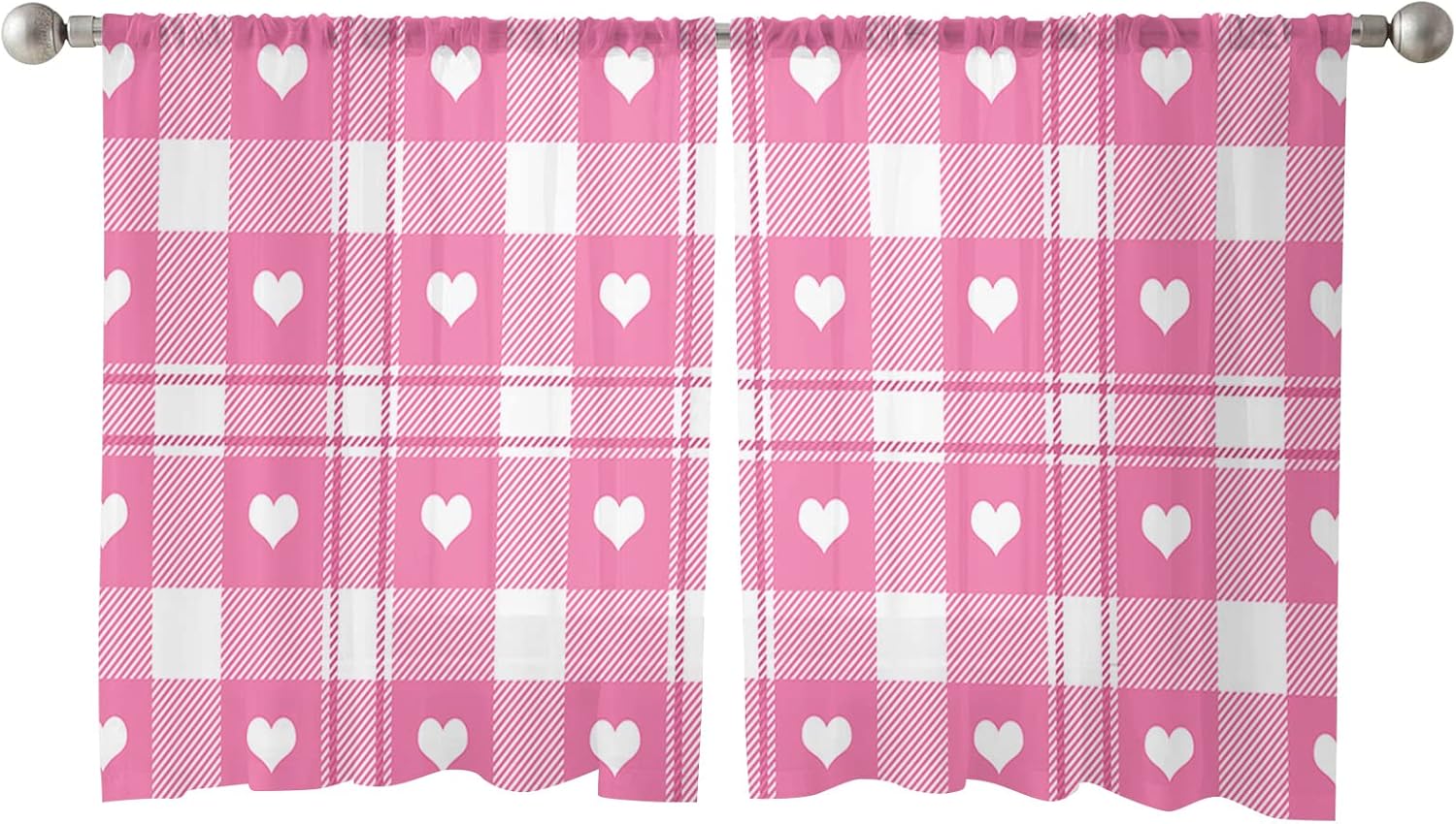 Sheer Curtains 45 Inches Long, Valentine's Day Heart Retro Light Pink Buffalo Plaid Window Treatment Panels Light Filtering Rod Pocke Curtain Voile Drapes for Bedroom/Living Room Each 52" W x 45" L