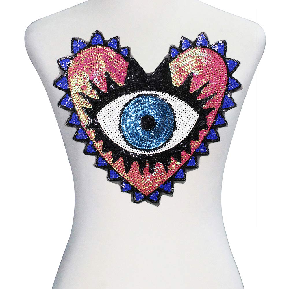 EMDOMO - Toppa con paillettes a forma di cuore e occhio, fatta a mano, per vestiti, scarpe, applique decorata, cucito, 2 pezzi