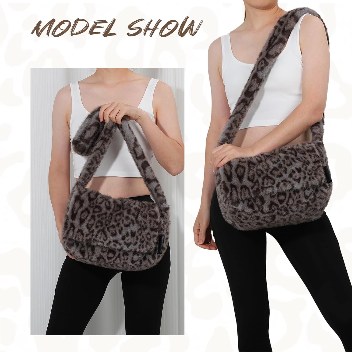 KUANG! Faux fur Hobo Handbag Leopard Print Plush Tote Bag Large Capacity Crossbody Purse Winter plush Shoulder bag - Image 7