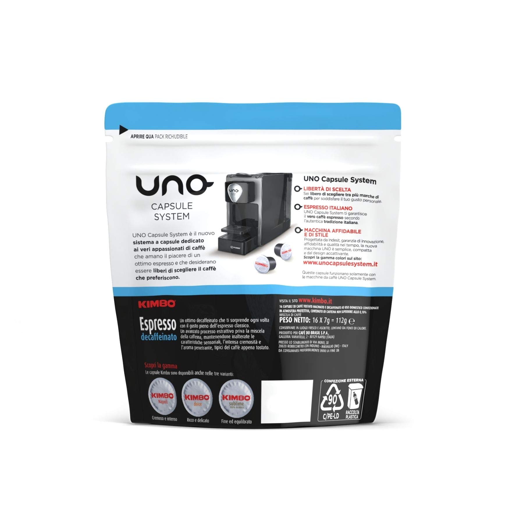 Kimbo Cápsulas de Café Espresso Descafeinado (Deca), Kimbo UNO System, 6 paquetes de 16 cápsulas (Total 96 Cápsulas)