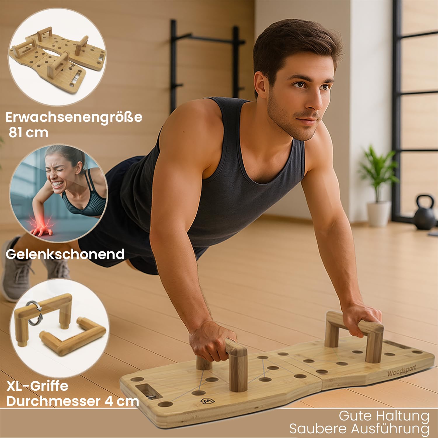 Pro – Liegestützbrett/Push up Board aus Bambus für Home gym – 81 cm Erwachsenengröße – Klappbares Fitnessgerät für Zuhause – inkl. Resistance Bands + 30-in-1 Trainingsguide