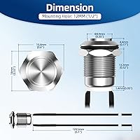 Vista 2 de DAIERTEK Interruptor de botón momentáneo de 12V 12mm pequeño interruptor de botón de metal impermeable botón de presión plateado normalmente abierto