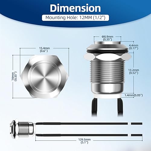 Miniatura 2 de DaierTek Interruptor de botón momentáneo de 12 V, 0.472 in, interruptor de botón de metal pequeño impermeable plateado normalmente abierto (ON)