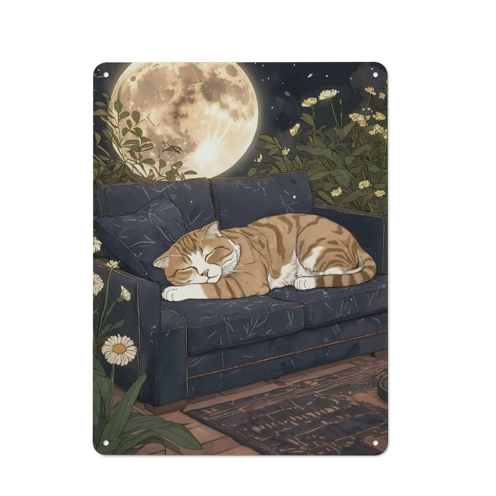 Metal Plaque 40x30cm with Tabby Cat Sleeping Under The Moon for Pub Or Café, Retro Decor, for Pub Decor Enthusiasts Refreshing A Room in Autumn