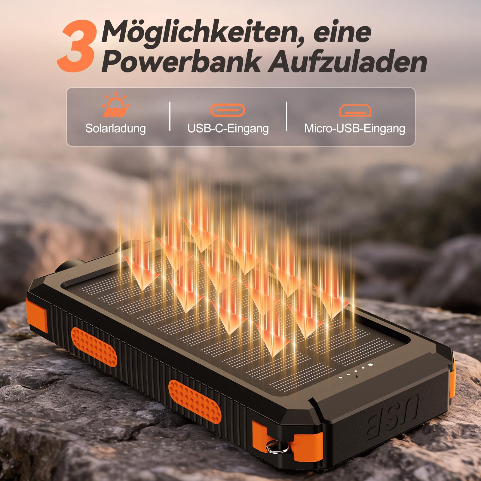 Vikeri Solar Powerbank 26800mAh, Powerbank Solar Wasserdichtes USB C Externer Akku mit 4 Outputs, Power Bank für Smartphones, Tablets und mehr (Dunkelorange)