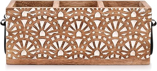 Miniatura 2 de NIRMAN Estante multiusos de madera de mango con 3 compartimentos para cubiertos, servilletas, tazas (11 x 4 x 4.5 pulgadas)