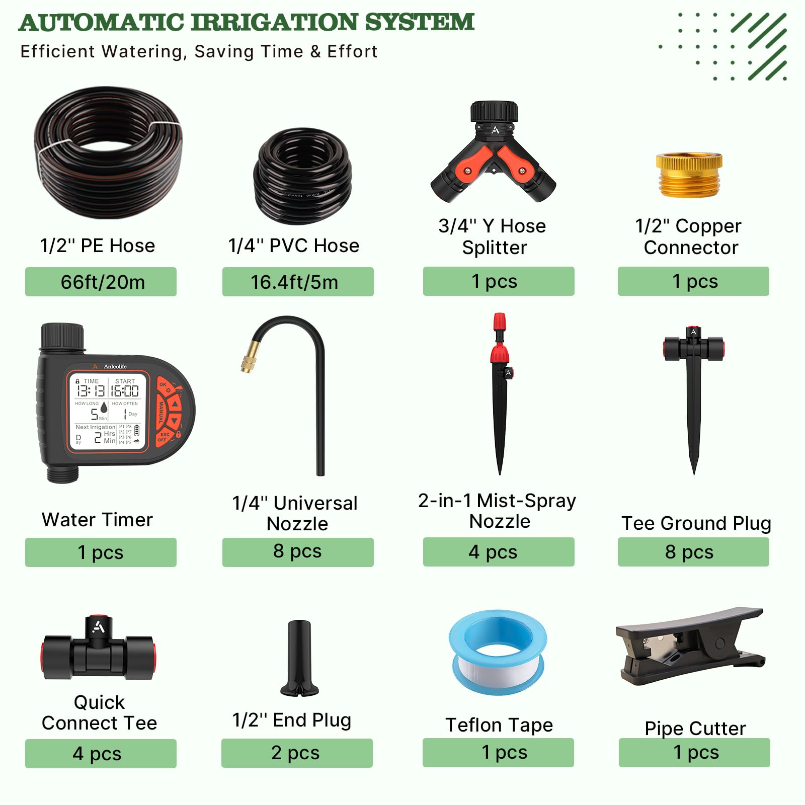 A ANLEOLIFE Kit di irrigazione automatica a goccia da 2,4 m con timer dell'acqua, 8 programmi personalizzati e schermo LCD, tubo a connessione rapida, ugelli regolabili e pieghevoli a 360° per aiuole